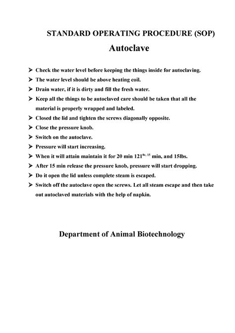 laboratory autoclave sop|autoclave equipment sop.